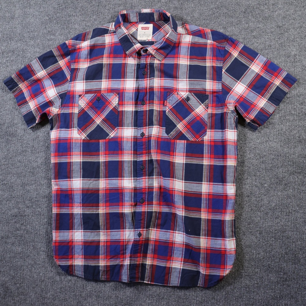 Levis Mens XL Short Sleeve Plaid Button Down Shirt Red White Blue Pockets Retro